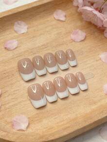 10片/套 日式极简法式手工美甲贴纸，日式裸粉色美甲，可移除可重复使用通勤美甲贴纸 - 彩色 - 查看 4