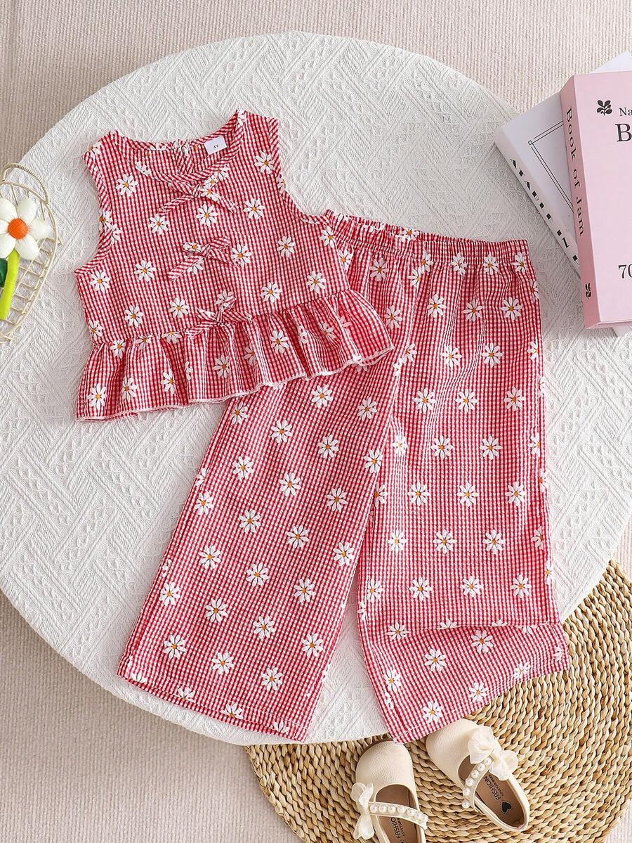 2pcs Girls Daisy Print Plaid Top And Pants Set, Summer