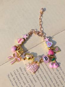 1pc XOXO Heart Charm Bracelet, Cute Pink Bow Heart Bracelet, Pink Leopard Print Heart Bracelet, Pink Cross Bracelet, KISSME Bracelet - Gold - View 3