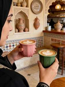 1个250毫升/8.5盎司阿拉伯陶瓷咖啡/抹茶杯 - 郁金香浮雕花卉图案马克杯，绿色、粉色和蓝色哑光釉面，适合盛装咖啡、抹茶和茶 - 彩色 - 查看 3