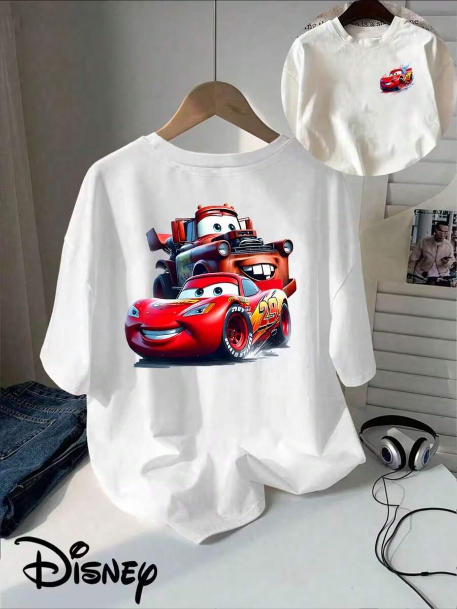 Classic Cartoon Disney Authorized "Car Story" Lightning McQueen And Die Double-Sided Printed T-Shirt, Short-Sleeved Round Neck Casual Shirt, Suitable For Summer And Spring, Short-Sleeved Shirt, Men's And Women's Clothing. - White - View 1