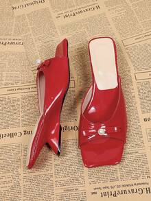 Giày sandal cao gót mũi vuông đính ngọc trai dành cho nữ, sandal hở gót kiểu dáng thường ngày cho mùa hè. - Đỏ - Xem 5