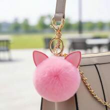 Cute Plush Cat Ear Pom Keychain Soft Fluffy Bag Backpack Charm In Pastel Pink With Delicate Tassel And Lightweight Design - như hình ảnh - Xem 5