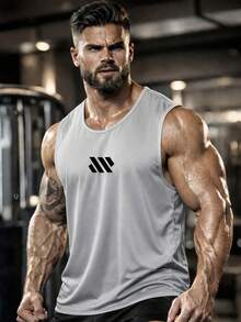 Men's Solid Color Sleeveless Fitness Tank Top, Muscle Fit Activewear Vest Sports - Light Grey - View 2