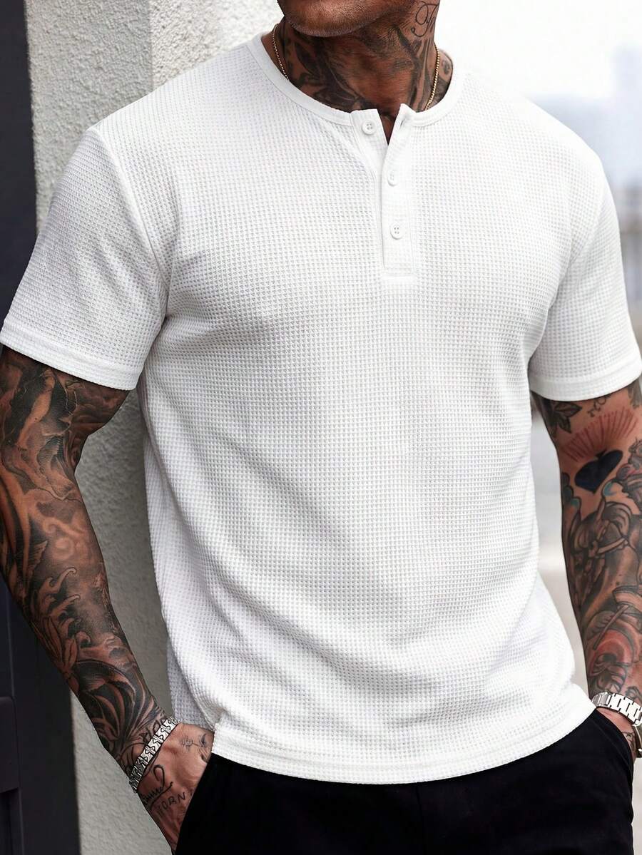 Men's Solid Color Casual Henley Neck Short Sleeve T-Shirt, Versatile For Summer Outdoor Activities - White - View 1