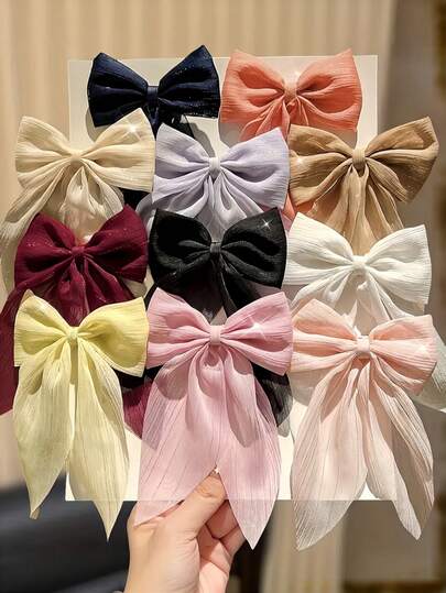 5pcs/8pcs Elegant Chiffon Satin Bow Hair Clips For Girls, Random Colors, Suitable For Weddings, Parties, Daily Wear, Fashion Hair Accessories, Ideal Gifts For All Seasons