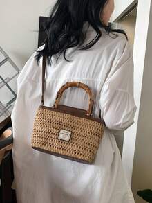女士小众设计草编包，手工制作，复古纹理风格，通勤和度假单肩包 - 棕色 - 查看 4