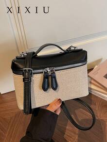 Women's Sophisticated Color-Blocked Canvas Small Square Bag, Retro Style, Perfect For Everyday Shopping Or Commuting, Simple Shoulder Bag. - Black - View 2