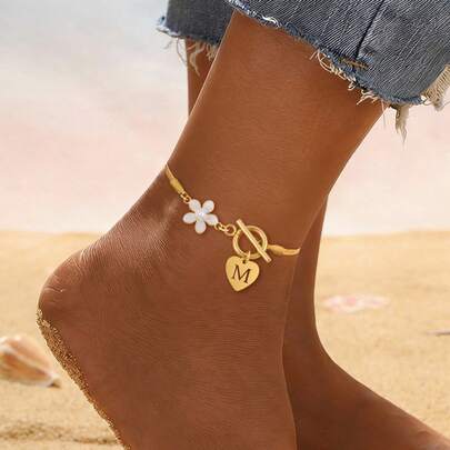 1pc Simple Fashion Heart Hollow Initial Flower Pendant Toggle Clasps Golden Stainless Steel Herringbone Chain Anklets For Women