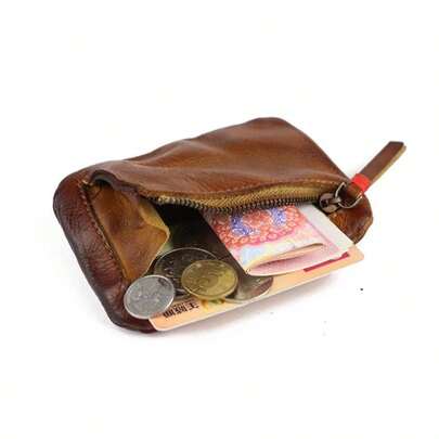 Billetera de monedas mini, de hombre, cartera de tarjetas de cuero genuino retro, con cremallera de mano, billetera corta, monedero pequeño para hombre, billetera de dinero mini, monedero, billetera pequeña, billetera de tarjetas, accesorios de maestro, billetera vintage