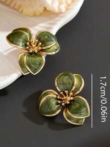 1 Pair Fashionable Women's Elegant Floral Earrings, Alloy Petal Design Suitable For Parties And Music Festivals, Wearable All Seasons - Green - View 3