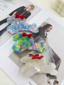 1个复古法式醋酸纤维爪形发夹，可爱蝴蝶结和小狗设计，大号发夹，女士适用 - 彩色 - 查看 4