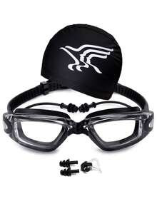 Adult Anti-Fog Swimming Goggles & PU Swimming Cap Set, Waterproof Silicone Swim Goggles With E - Black - View 1