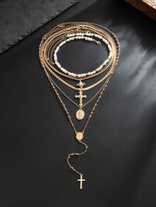 2pcs Fashionable Casual Minimalist Cross Pendant Necklace Set, Personalized Beaded Chain Y-Necklace, Suitable For Daily Wear, Party, And Holiday Gifts - 2pcs - View 6