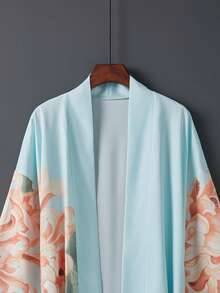 Áo khoác kimono satin kiểu Nhật màu xanh nhạt họa tiết hoa cúc – Kiểu dáng thanh lịch, mở phía trước, nhẹ nhàng, thích hợp cho kỳ nghỉ hè trên bãi biển, mặc ngoài bikini và trang phục mặc nhà thoải mái mùa xuân. - Màu xanh nhạt - Xem 3