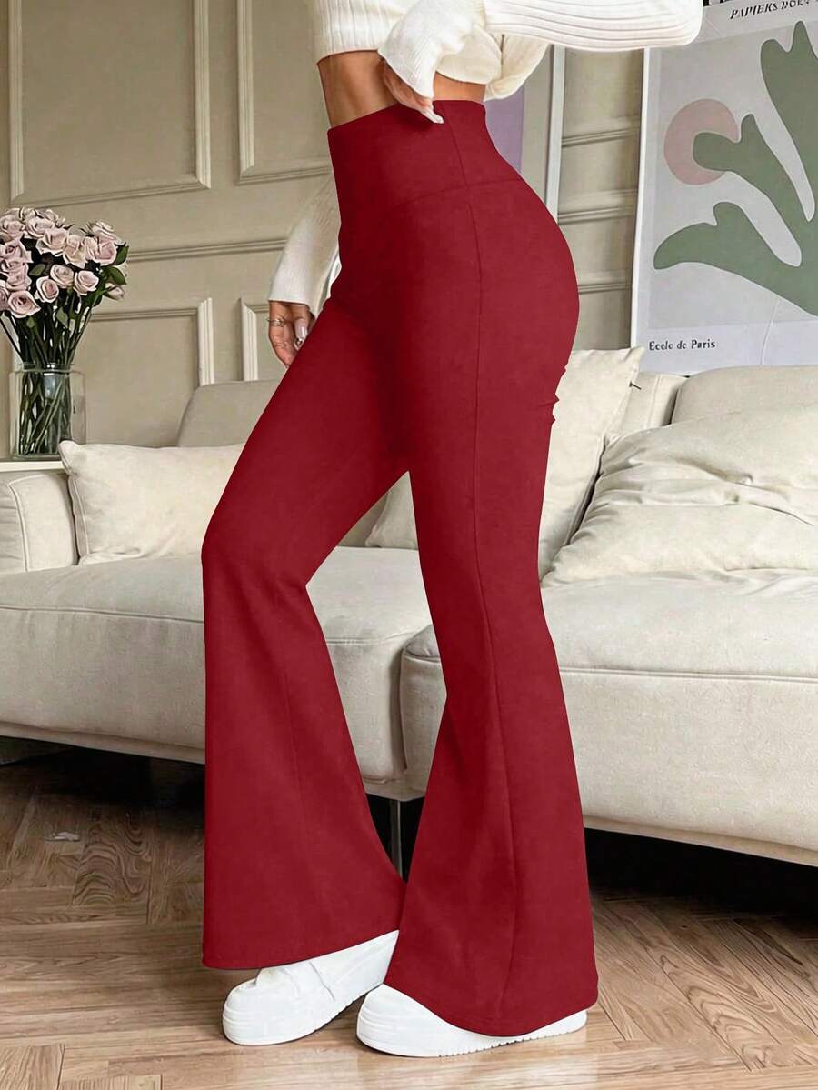 PETITE Women's Solid Color High Waist Casual Versatile Daily Flare Pants - Red - View 1