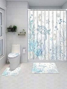 1pc Nautical Coastal Sea Turtle Shower Curtain, Ocean Theme Bathroom Window Curtain With Coral Starfish Seashells, Underwater Seahorse Shower Curtain, Bathroom Decor With 12 Hooks, Bathroom Accessories - Multicolor - View 8