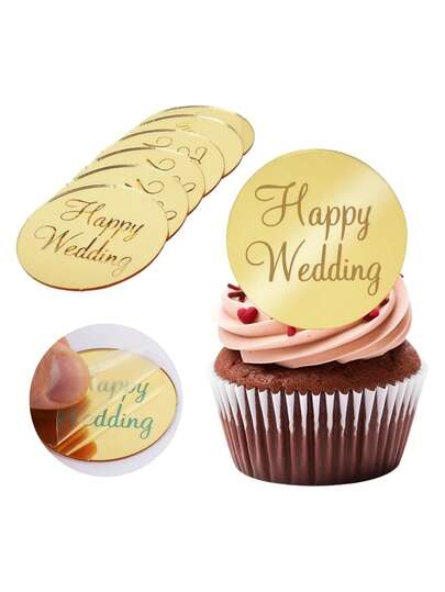 10pcs Gold Acrylic Mirror Cupcake Toppers, Happiness Wedding Cake Decorations, Round Labels, Reusable Acrylic Cake Decorations, DIY Handmade Cake Gift Box, Cake Decorations, Cake Accessories, Baking Decorations, Baking Supplies, Holiday Gifts