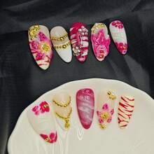 10pcs Handmade Press On False Nails Pink White Tropical Floral Style 3D Flower Gold Chain Rhinestone Nail Charms Full Cover Nail Art Daily Wear Party Vacation Spring Summer Unas Postizas - Pink - View 2