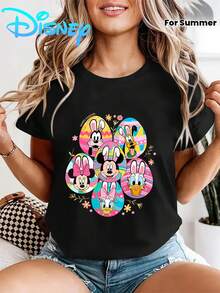 Disney Women's Mickey Mouse Easter Egg Cartoon Pattern Short-Sleeved T-Shirt - Amusement Park Theme Round-Neck Top, Soft Polyester Fabric, Summer Casual Vacation Style, Fun Design, Suitable For Amusement Scene Enthusiasts, Breathable And Comfortable, - 黑色 - 查看 1