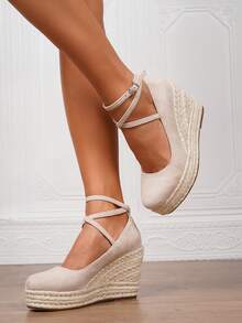 Women's Wedge & Platform Slip-On Espadrille Shoes, Black Round Toe Vacation Beach Woven Strap Sandals, Vacation Rope Sole Elastic Band Paired With Women's Shoes - Apricot - View 7