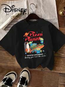 Authentic Disney Toy Story Pizza Planet Logo And Multiple Green Alien Characters, Paired With Space-Themed Patterns Such As Rockets, Stars, And Cars. The Overall Design Is A Colorful Cartoon Style. This Is A New Summer Disney Short-Sleeved T-Shirt For Women, A Casual And Fashionable Printed T-Shirt. - 黑色 - 查看 1