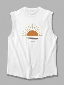 Áo tank top nam cổ tròn dáng rộng, in hình tranh phong cách tối giản lúc bình minh, hàng mới về mùa hè. - trắng - Xem 4