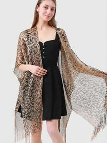 1pc Leopard Print Casual Polyester Chiffon Shawl, Lightweight Spring/Summer Daily Street Wear, Beach Cover Up, Windbreaker, Sunscreen For Women - Multicolor - View 5