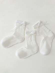 3 Pairs Breathable White Lace Bow Girls Socks, Elegant Princess Style, Spring/Summer - Multicolor - View 6