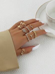 9pcs Gold-Tone Stackable Ring Set, Minimalist Moon, Flower And Crown Shaped Stacking Rings - Gold - View 3