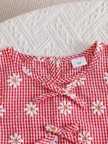 2pcs Girls Daisy Print Plaid Top And Pants Set, Summer - Red - View 4