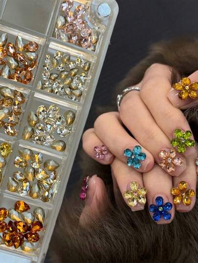 1 Box Sparkling Prosperity Flower Rhinestones, Nail Art Decorations - Water Drop Irregular Mosaic Rhinestones, Multiface Round Rhinestones For DIY Nail Decoration, Rhinestones And Accessories, Nail Parts