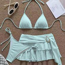 3 piezas Conjunto de bikini casual de tela especial para fiesta en la playa, ropa de playa de unicolor para vacaciones de verano - Celeste - Ver 6