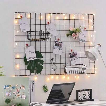 网格照片墙，金属丝网格墙照片展示架，相框拼贴板，金属网格墙板房间装饰，DIY铁艺相框拼贴墙装饰，可折叠多照片收纳架。（夹子颜色随机）