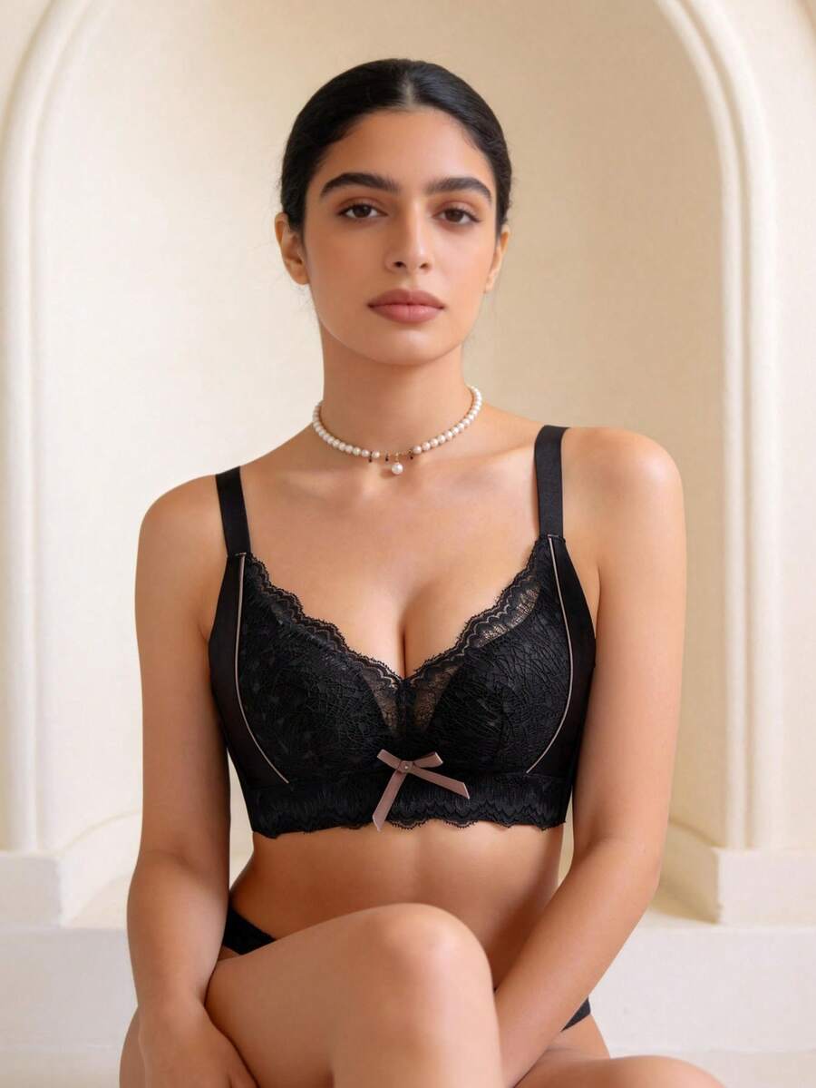 Temptuelle Sexy Lace Bralette With Wireless, Black Lingerie Suitable For Small Chest Women, - Black - View 1