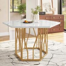 Dining Room Table And Chairs Set (5 Pieces), Modern Hexagonal Marble Table + 4 Green Velvet Chairs To Create A Warm And Contemporary Atmosphere, Gold Table Legs - Green - View 7