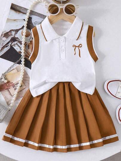 Tween Girl Bow Print Tank Top And Ribbon Decor Pleated Mini Skirt Set