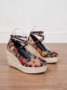 Women's Wedge & Platform Slip-On Espadrille Shoes, Black Round Toe Vacation Beach Woven Strap Sandals, Vacation Rope Bottom Elastic Band Paired With Women's Shoes - Multicolor - View 3