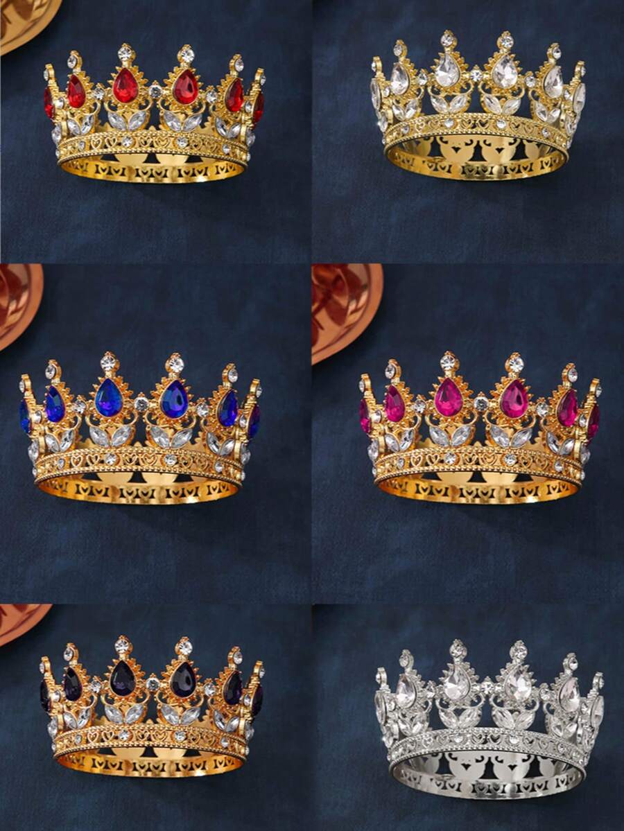 1件/多色全圆巴洛克合金新娘皇冠，适用于王子、女王、蛋糕装饰、婚礼、派对、生日、摄影、宴会和鲜花装饰。全圆合金皇冠，巴洛克风格头饰，镶嵌心形水钻，适合青少年、公主风生日皇冠、国王皇冠。采用锌合金材质，饰有多色水晶。 - 彩色 - 查看 1