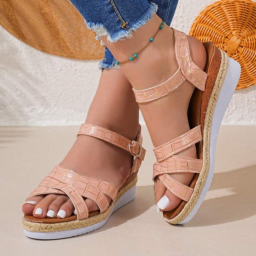 Women's Wedge Sandals With Criss-Cross Crocodile Embossed Leather Upper, Soft Sole, Casual Outdoor Beach Commute Shoes, New Summer Style - Coral Pink - View 1