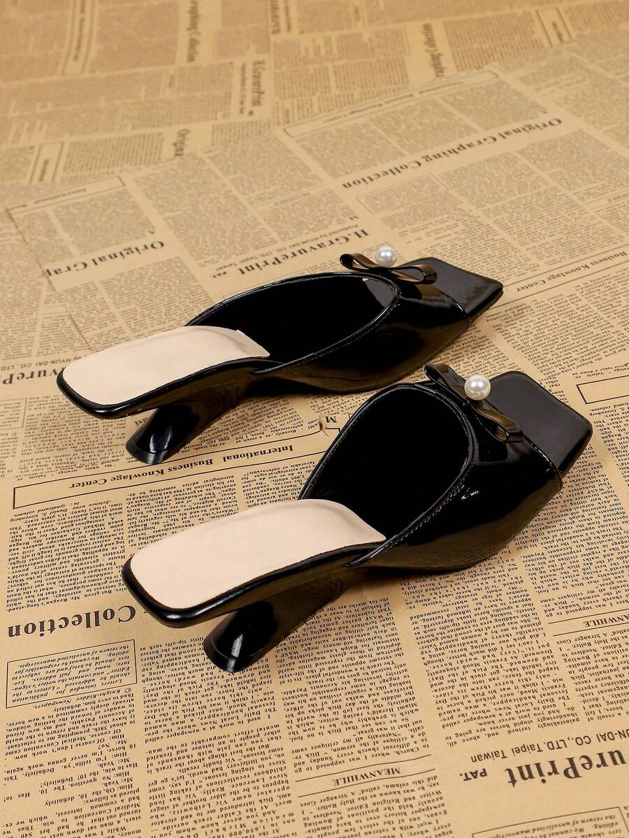 Sandalias de tacón alto negro con decoración de perlas y punta cuadrada para mujer, sandalias tipo mula versátiles y casuales para el verano - Negro - Ver 1