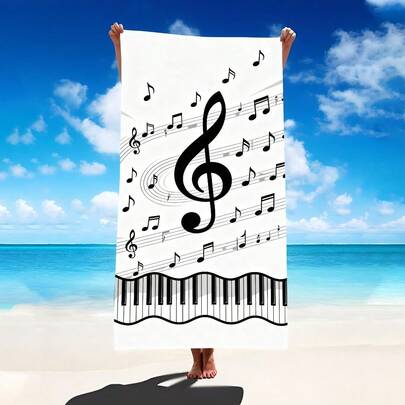 1条向日葵和音符图案沙滩巾，超柔软超细纤维特大号沙滩毯，高吸水性浴巾，适合旅行、游泳池、潜水、冲浪、瑜伽、露营，多种尺寸可选，沙滩、泳池、旅行、露营、瑜伽用品