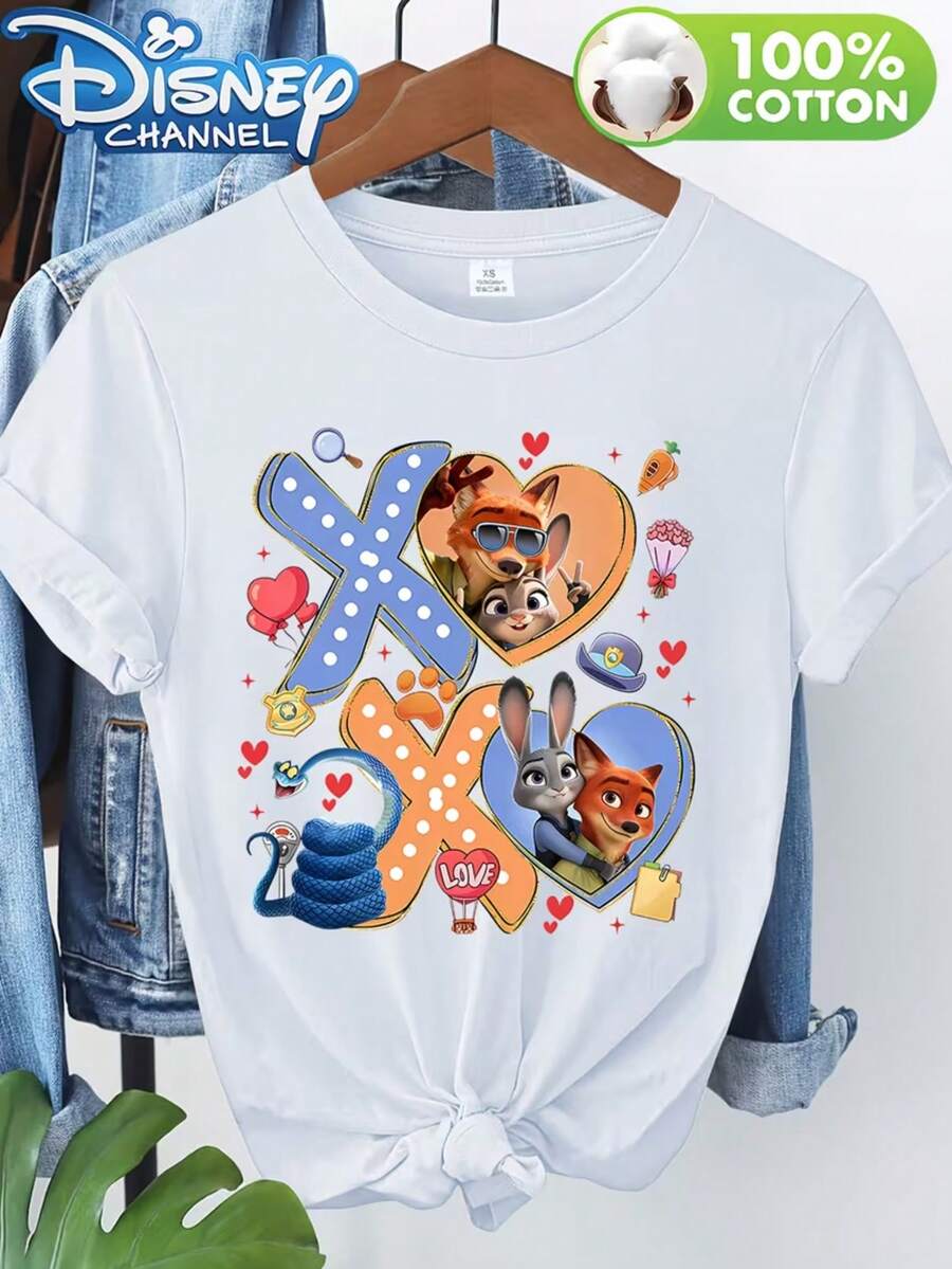 Officially Licensed Disney Spring/Summer New Arrival, Pure Cotton Short-Sleeved T-Shirt, "Zootopia " Heart Xoxo Print, Women's Round Neck Pure Cotton T-Shirt, Versatile, Casual And Comfortable Women's Clothing, Available In Sizes XS-XXL. - 白色 - 查看 1