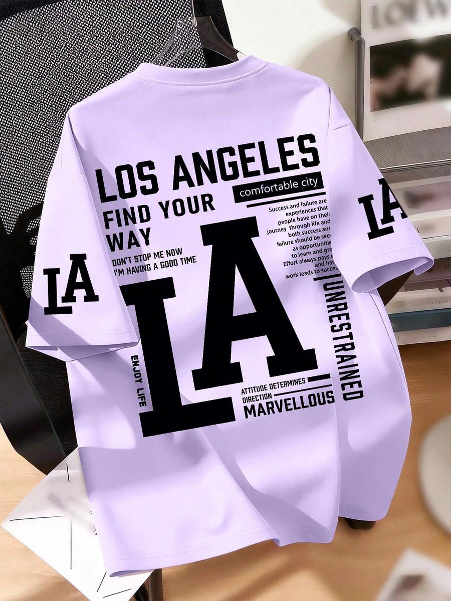 青少年男孩洛杉矶标语印花圆领T恤，柔软休闲，适合夏季、街头和度假风格。男女皆宜，日常穿着，可作为礼物送给家人、女友、朋友。舒适的短袖套头衫，可机洗，日常必备，宽松版型，男女皆宜，街头风格。 - 淡紫色 - 查看 1