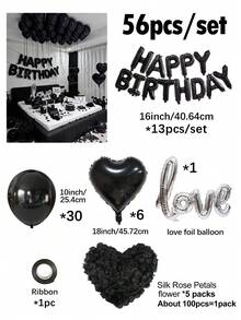 30/56/58件組黑色哥德風生日氣球套組－500片黑色人造花瓣＋16英吋Happy Birthday橫幅＋6個18英吋愛心鋁箔氣球＋Love鋁箔氣球＋乳膠氣球，適合生日派對、浪漫臥室裝飾、午夜驚喜 - 彩色 - 查看 13