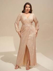 YISIKADO Plus Size Women's Sequin Twist Wrap Maxi Dress, Deep V-Neck Long Sleeve Shiny Formal Gown For Prom, Party, Wedding Guest, Graduation Ceremony - Champagne - View 1