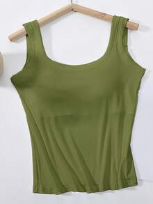 1pc Deep-U Backless Camisole With Removable Pads, Slim Fit, Casual, Military Green, Workout - Army Green - View 6