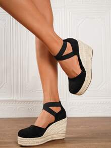 Women's Wedge & Platform Slip-On Espadrille Shoes, Black Round Toe Vacation Beach Woven Strap Sandals, Vacation Rope Sole Elastic Band Paired With Women's Shoes - Black - View 8