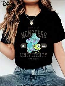 Disney Authentic Cute Monster Print, Soft And Skin Friendly Elastic Casual Short Sleeved Top, Fashionable Short Sleeved Round Neck T-Shirt, Women's Clothing - 黑色 - 查看 2