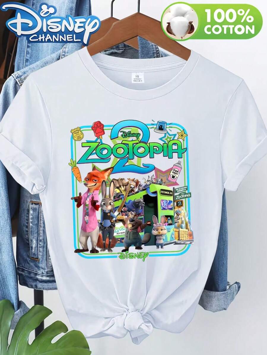 Officially Licensed Disney Spring/Summer New Arrival, Pure Cotton Short-Sleeved T-Shirt Featuring Two Characters From Zootopia 2. Women's Round Neck Pure Cotton T-Shirt, Versatile, Casual, And Comfortable. Available In Sizes XS-XXL. - trắng - Xem 1